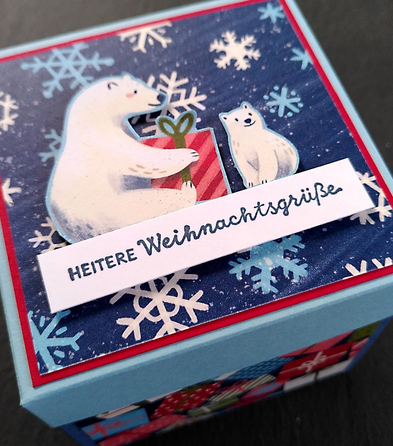 Explosionsbox Deckel mit Eisbären und Weihnachtsgruß